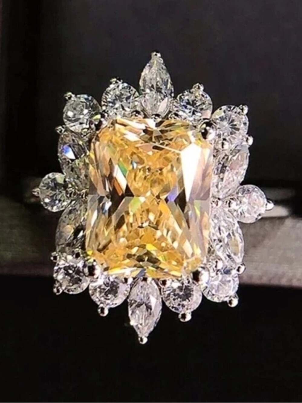 Yellow Radiant Cut CZ Statement Cocktail Ring Silver Tone
